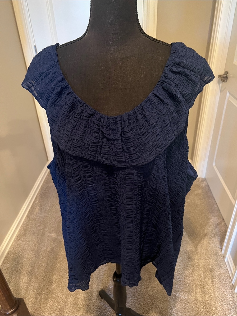 Cato Navy Textured Sleeveless Ruffle-Front Top